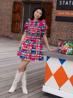 Polly Dress Circus Plaid Puff-Sleeve Mini Dress - Vibrant Pink Mix